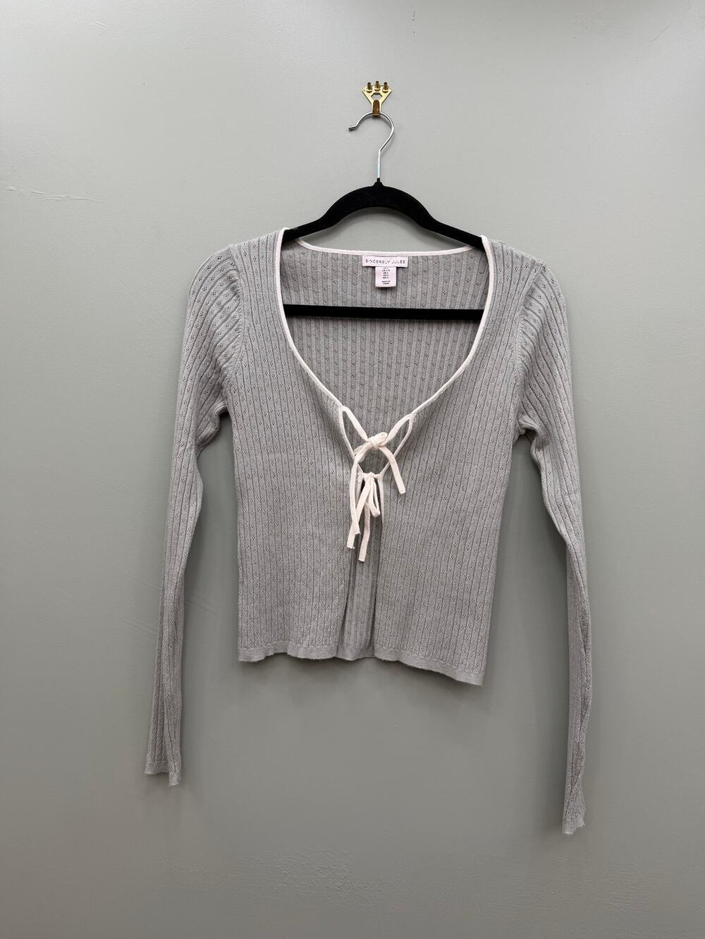 Sincerely Jules Ribbed Tie Front Knit Top Gray Long Sleeve Large
